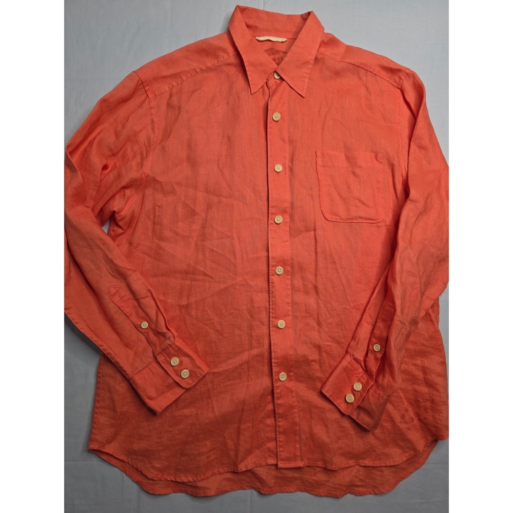 Tommy Bahama Relax Shirt Men's L Orange‎ 100% Linen Logo Button-Up Everyday Wear